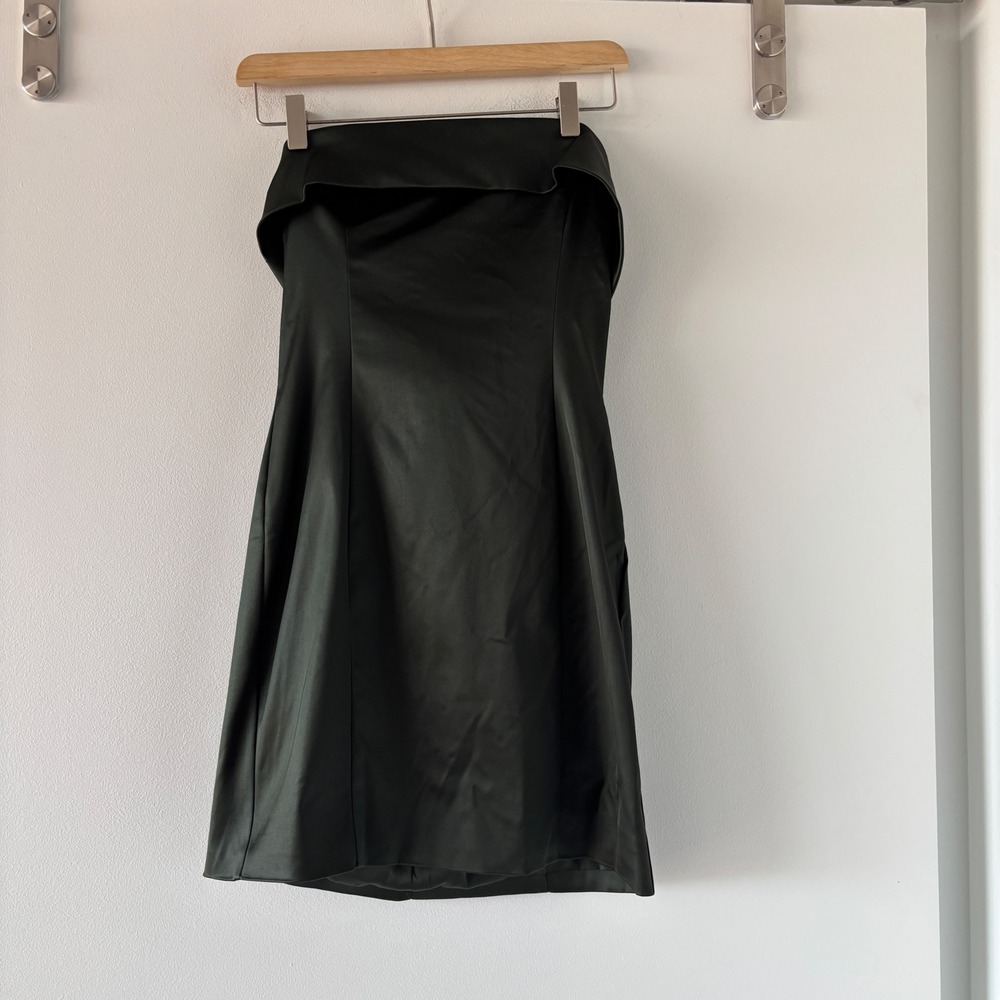 Aritzia Ten Satin Strapless Mini Dress Dark Green Fold Over Neck Size 4
